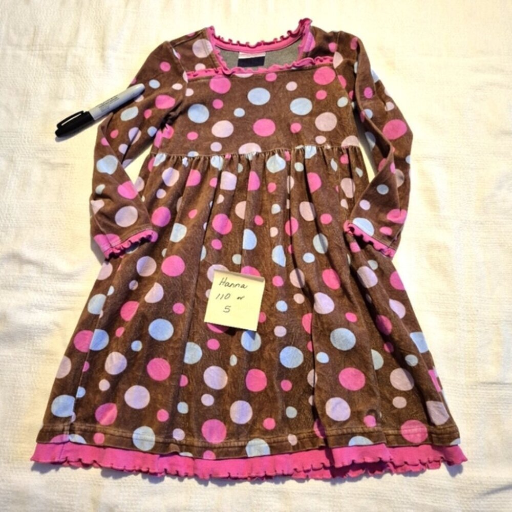 Hanna Andersson girls size 110 or 5 brown velvety dot dress, some pink fade